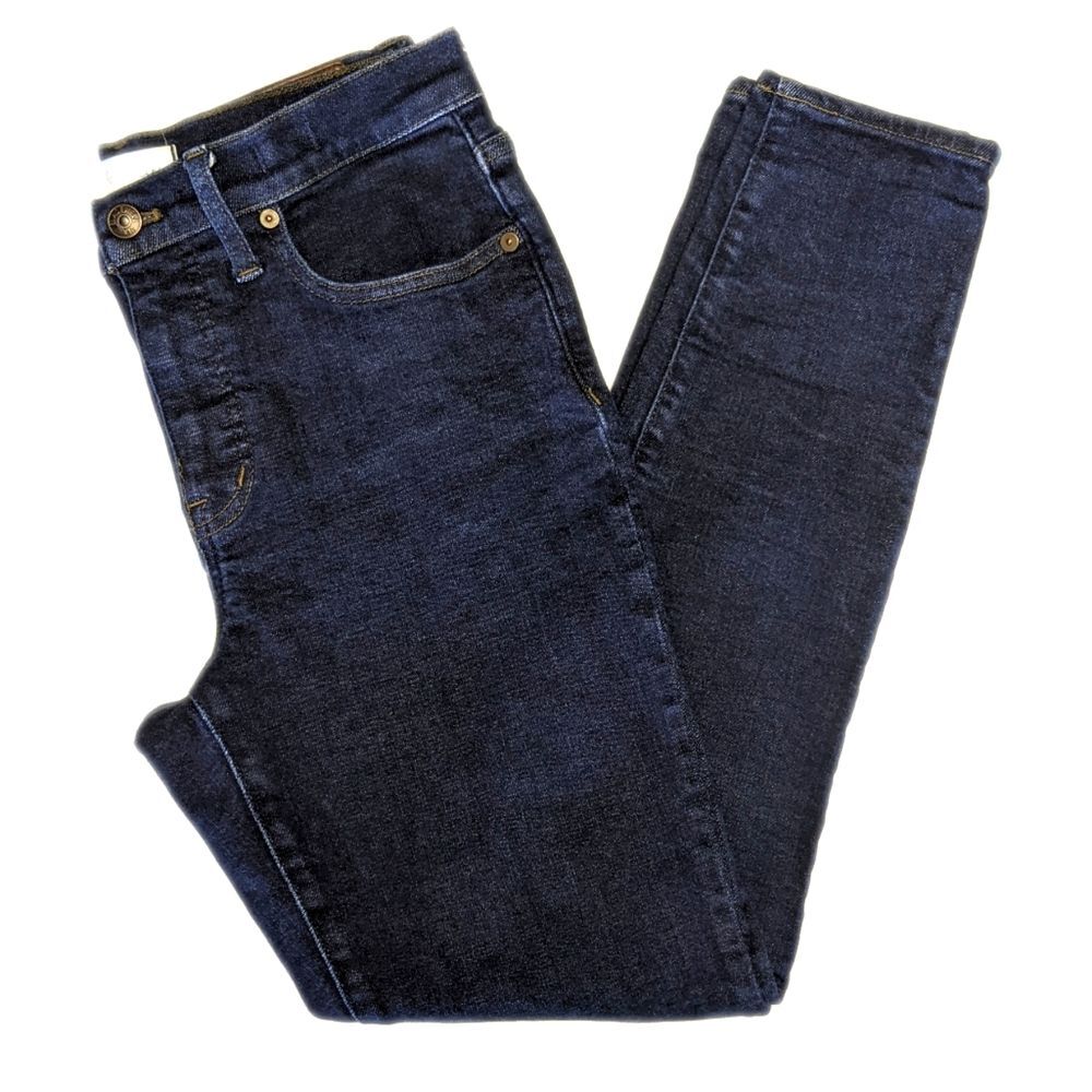 Madewell 9" mid-rise skinny jeans, dark blue wash, 83% cotton, size 29